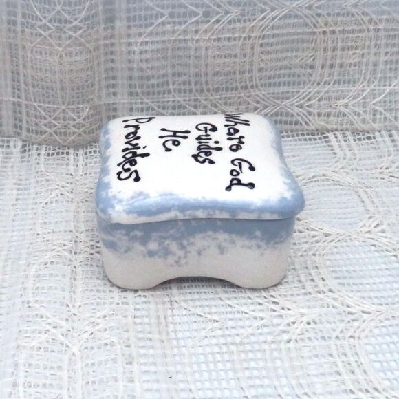 Handmade Ceramic Square Trinket Dish White and Blue Lidded With Message - Picture 4 of 9